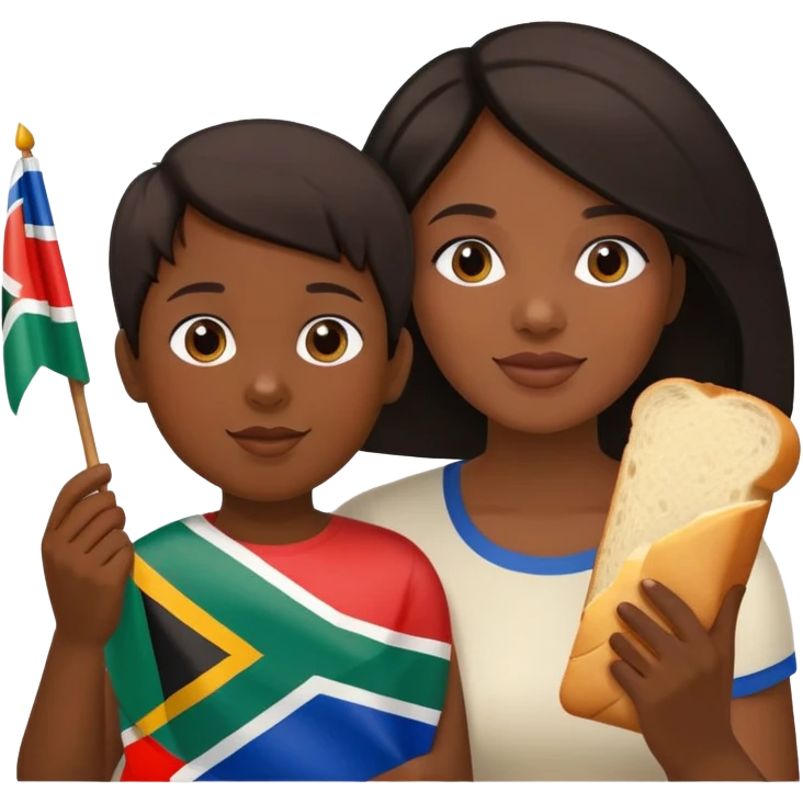 Lady with son ( dark hair) eating white bread and holding South African flag  emoji