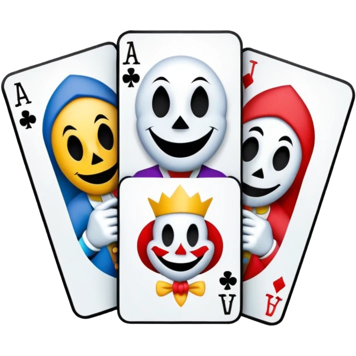 bunch of 3 poker cards, with crazy colorful human jolly jokers inside, inversed face, cuphead style emoji