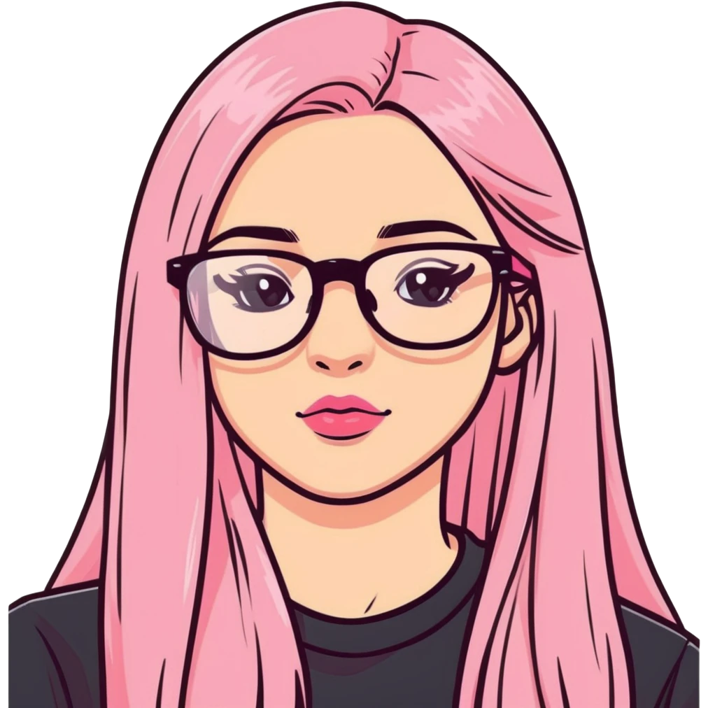 Teenage girl taking a selfie in a school bathroom. Long straight blonde hair with pink dye, rectangular glasses, black shirt, neutral expression with slightly glossy lips emoji