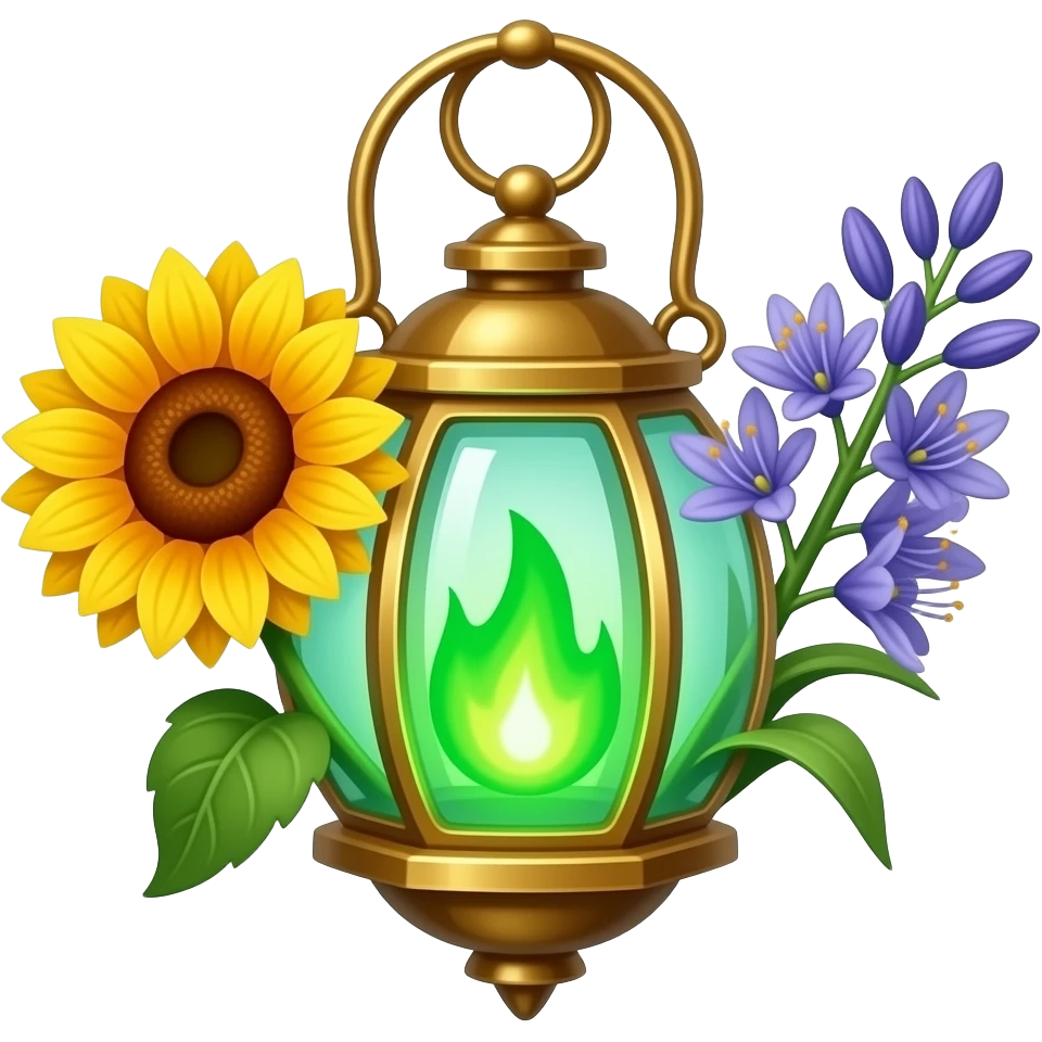 A golden hanging lantern with a bright emerald flames, an empty loop on top, blooming sunflower (l) & asphodel (r) wrapping it, focus more on the green fire, paint the glass more green, have its bottom point come to some sort of point emoji
