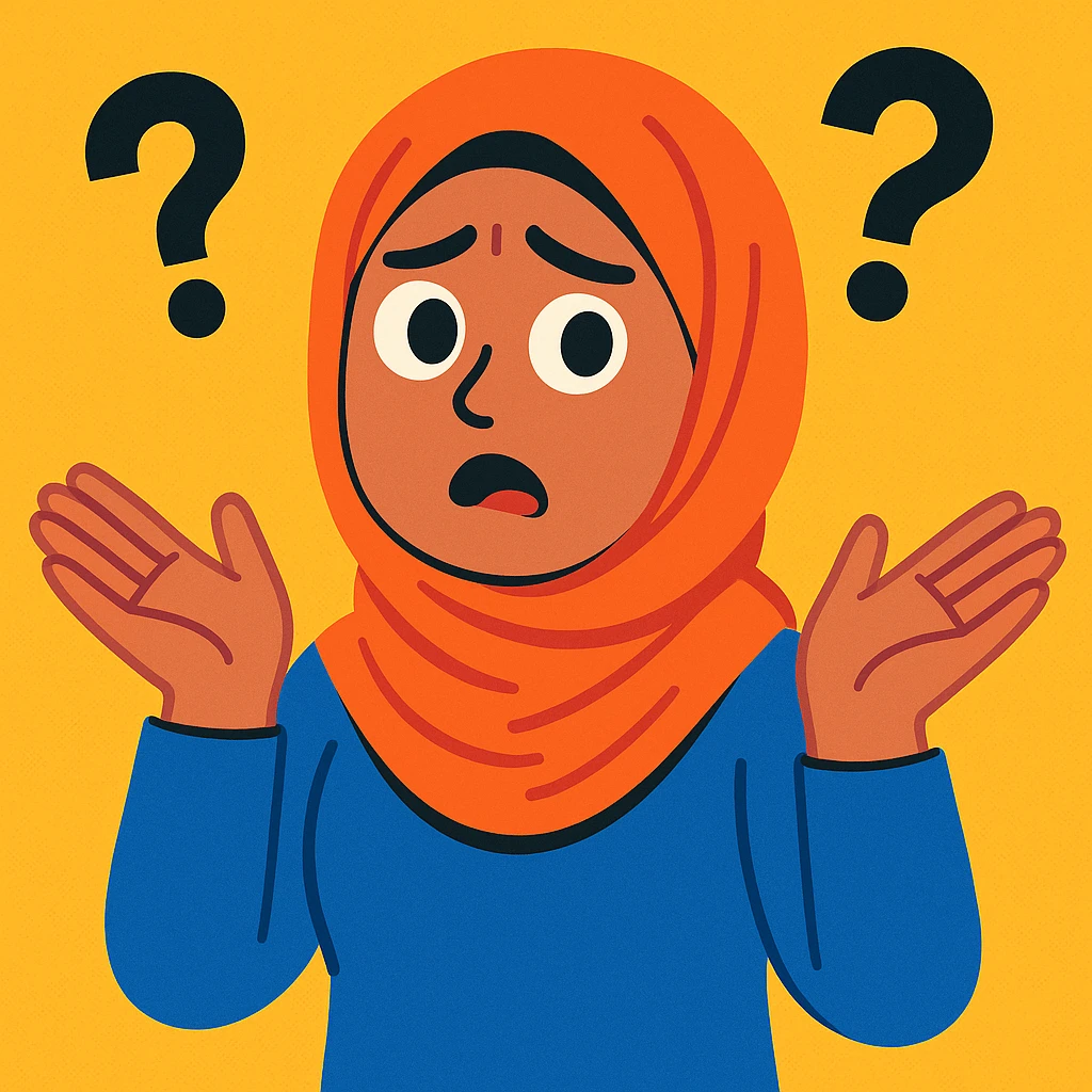 a girl wearing a hijab looking confused, with question marks '??' floating around her, expressive face, modern illustration, colorful and friendly emoji