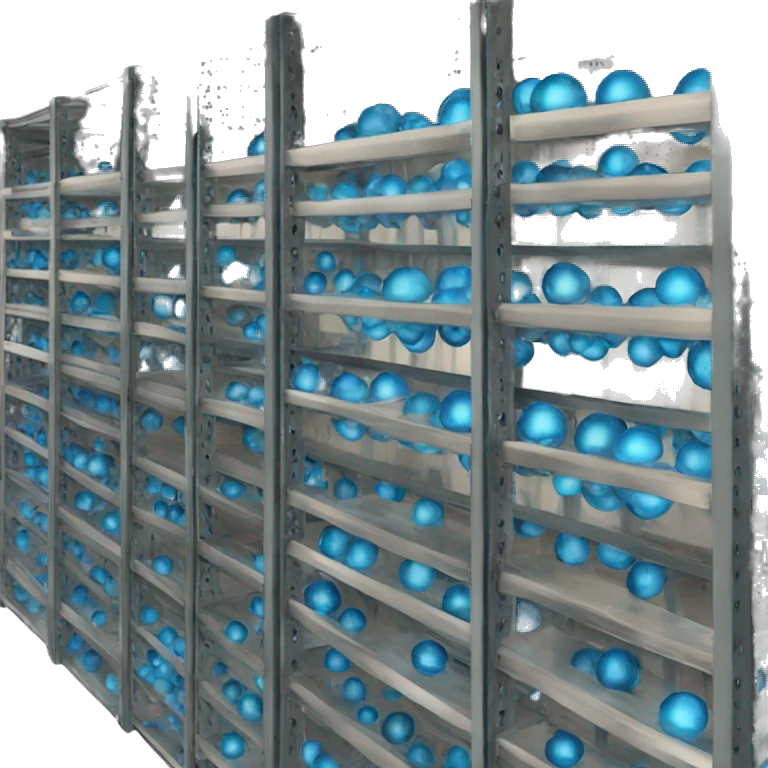 tall metal shelves with many blue orb prophecies emoji