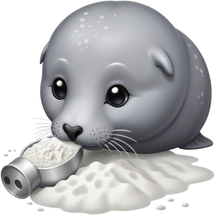 Grey seal is Sniffing white powder and holding the powder  emoji