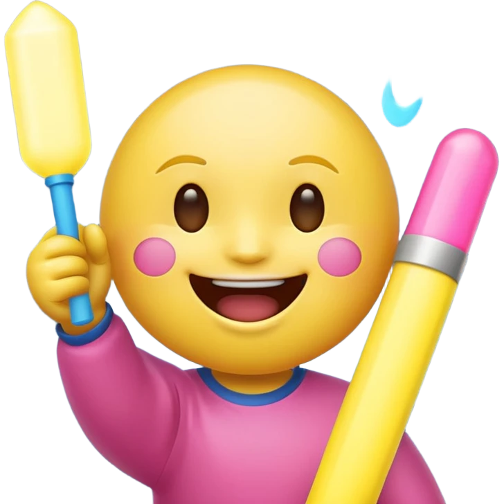 An excited yellow emoji face with closed smiling eyes and blushing cheeks, cheering enthusiastically while holding up two glow sticks (one blue, one pink). It represents high energy, fandom, and celebration. emoji
