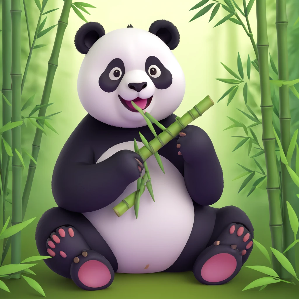 panda eating bamboo in forrest background, close up pose emoji