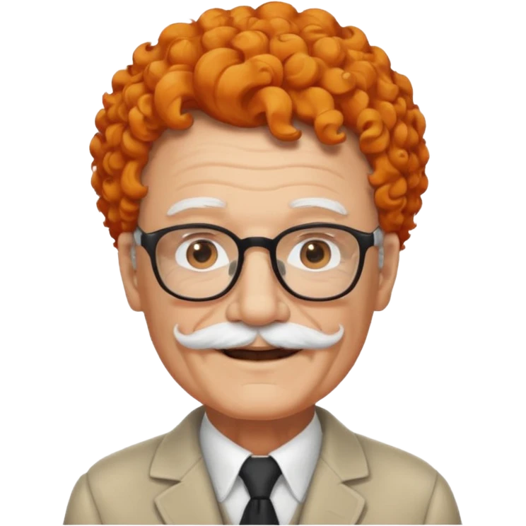An elderly man with curly orange hair, brown eyes, black glasses, and a white mustache, wearing a gentle smile. emoji