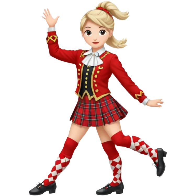 Highland dancing argyle over the knee socks, blouse, highland dancing jacket, tartan miniskirt and highland dancing shoes emoji