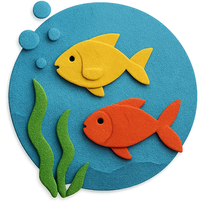 underwater ocean scene with fish, seaweed, and bubbles in vibrant colors in paper-craft style emoji