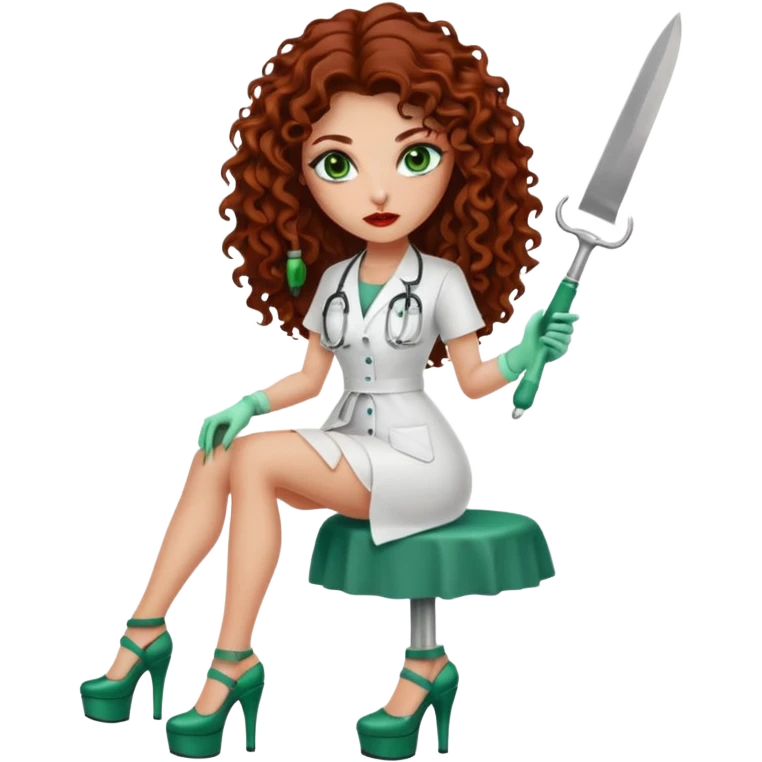 Sensual Spanish Lilith core evil surgeon. Surgeon has green eyes brown long curly hair with 7 inch platform heels.she is a cereal killer emoji