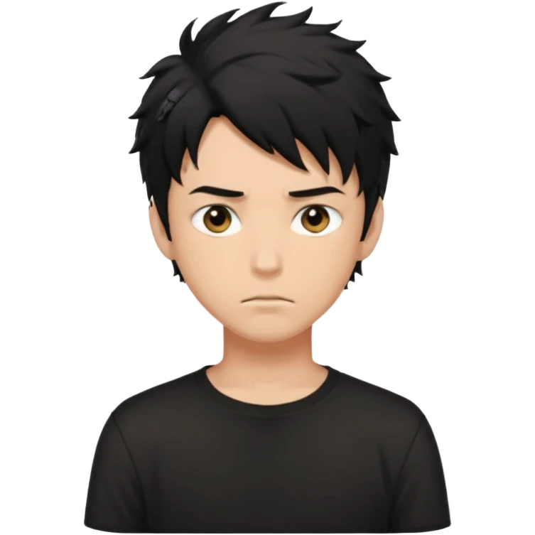 White male, black messy anime hair in his eyes, black shirt, black hunter eyes, hot  emoji