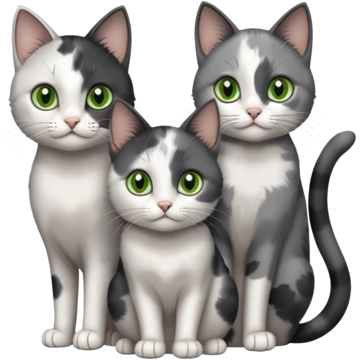 3 different coloured small cats including a dark grey and white, and a patchy calico with hazel eyes and a completely solid dark grey with green eyes and only white paws emoji