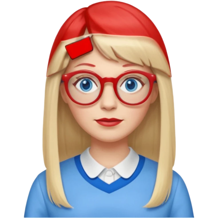 45 yr old white woman, pale skin, long straight blond hair parted in center, blue eyes, bangs, clothes for school, big red glasses, oval face emoji