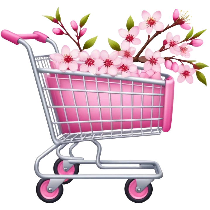White shopping cart wrapped with pink cherry blossoms emoji