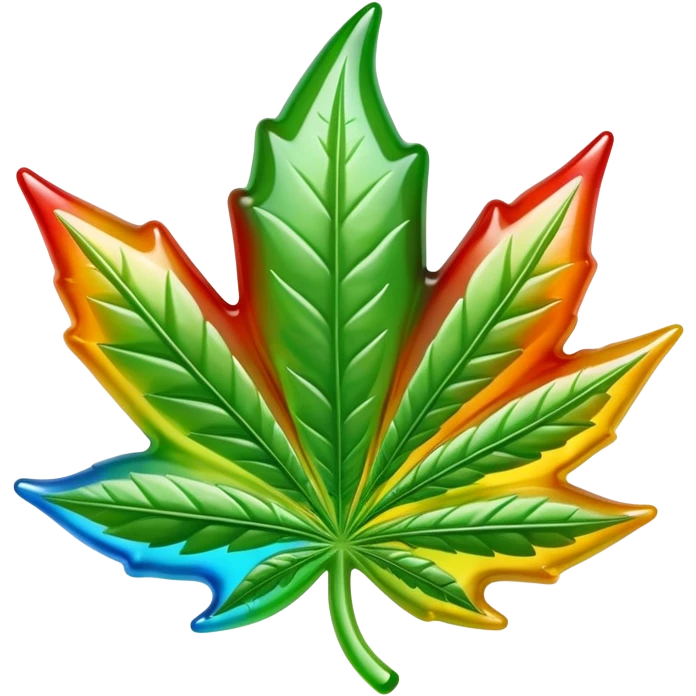 colorful shiny gusher gummy shaped like a cannabis leaf with a bite mark showing the liquid center emoji