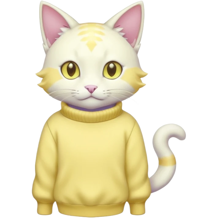 Albino shiny glossy smooth soft realistic cute pretty elegant cat-garurumon-purloin-feline-Fakemon-Digimon-creature wearing a pastel yellow sweater fursona (full body)  emoji