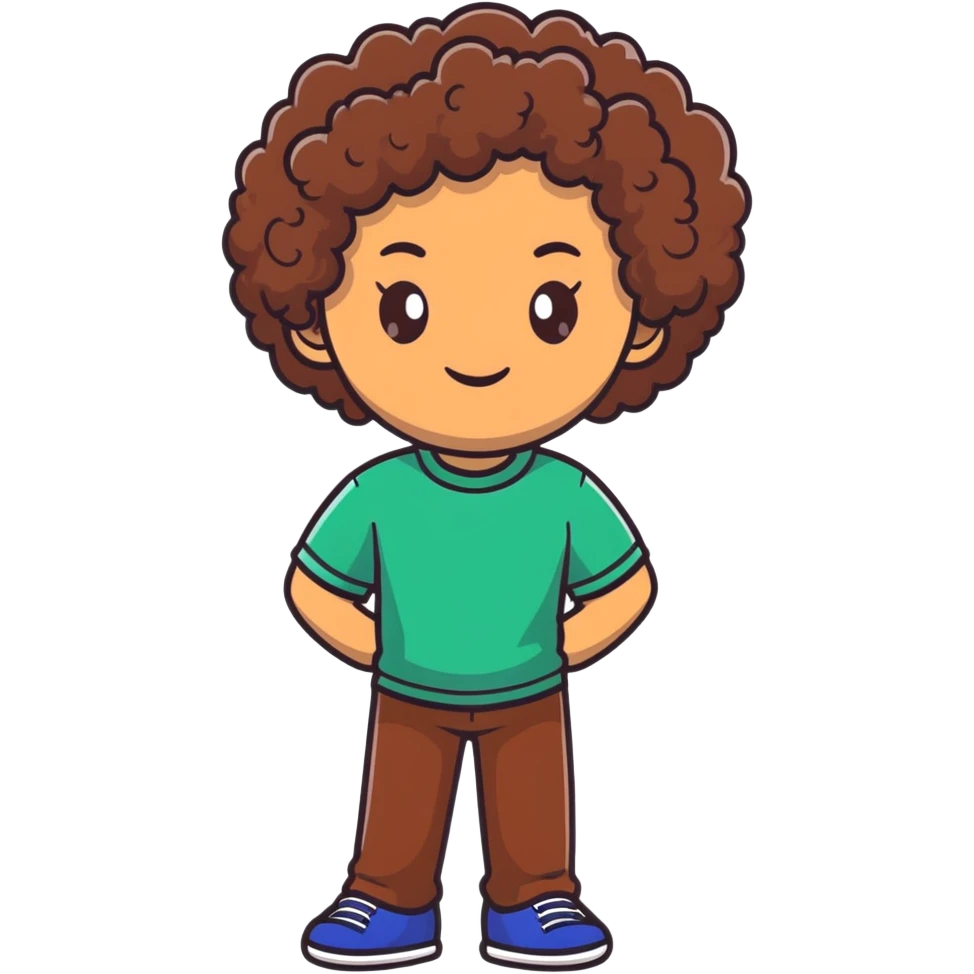 character with curly brown hair, brown eyes, brown skin emoji