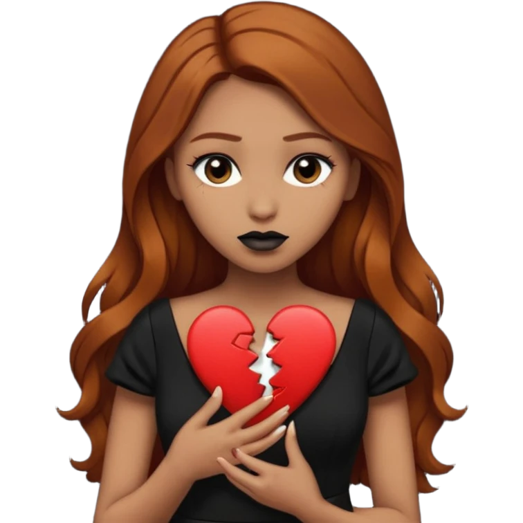  woman light olive skin long dark ginger hair dark make up holding a broken heart black dress emoji