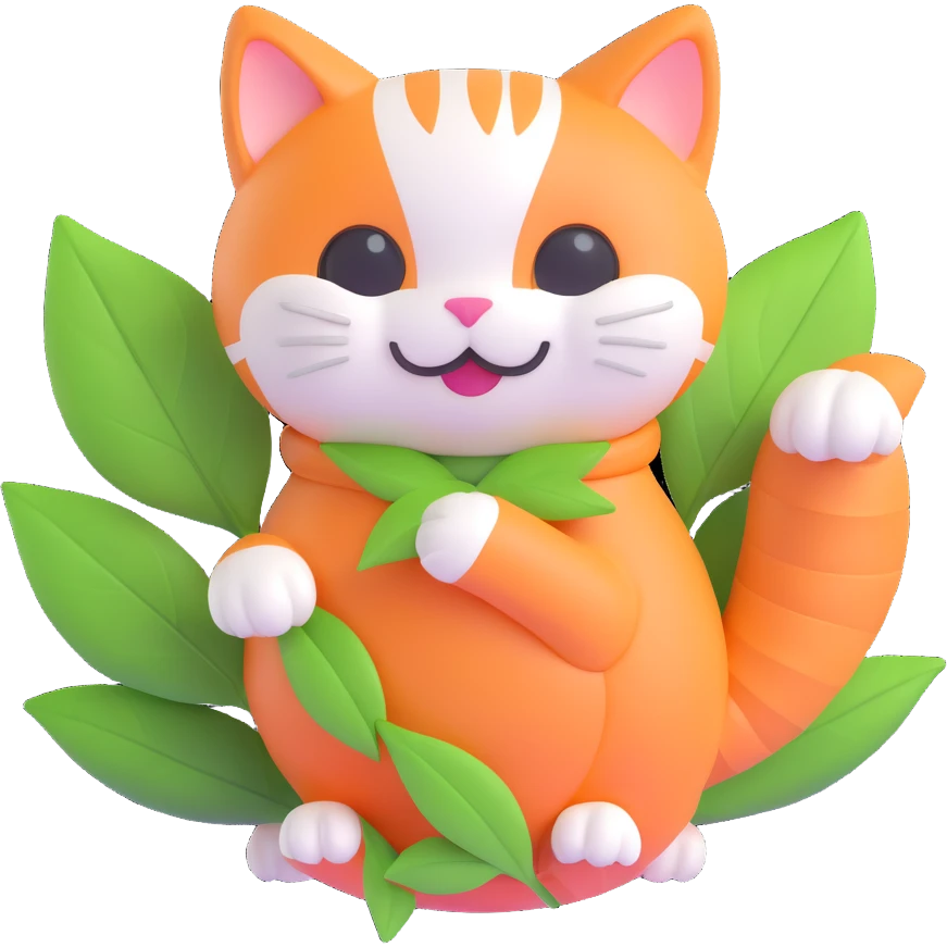 3D iOS style hand holding a kawaii orange and white cat wrapped in a green leaf, smiling, very cute and soft emoji