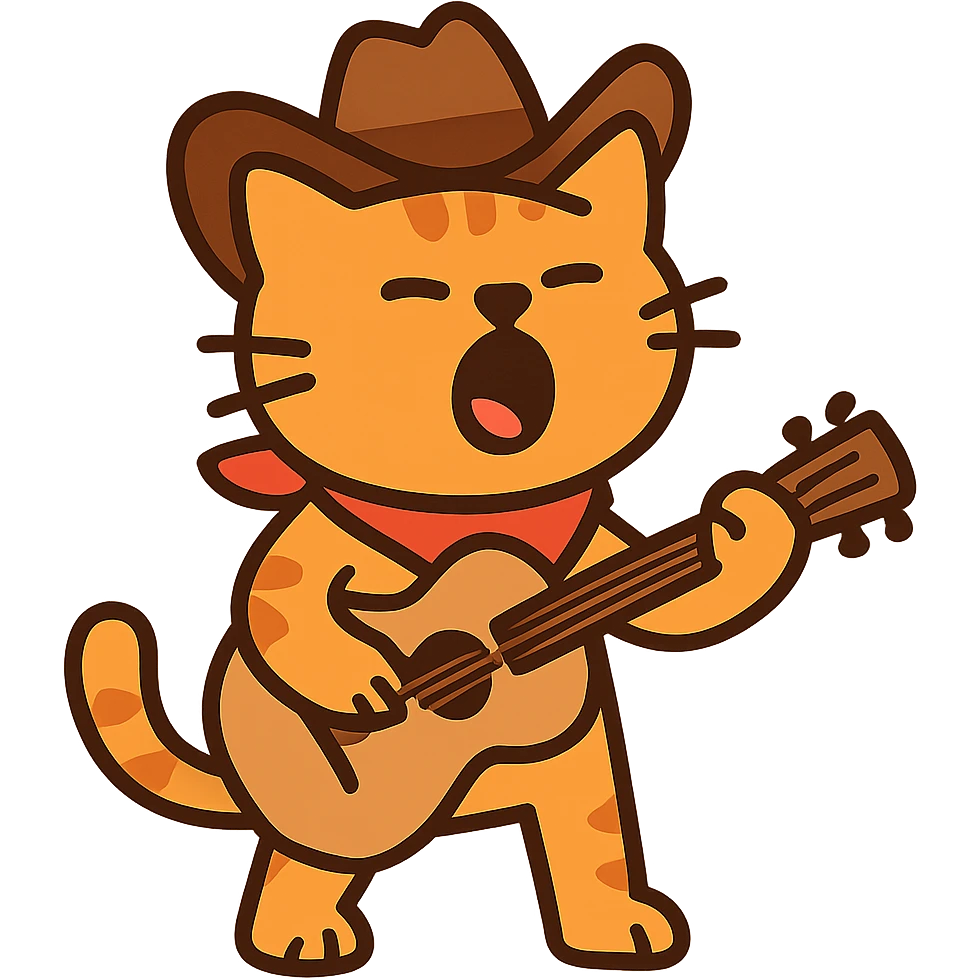 flat toon Yodeling orange cowboy cat strumming an acoustic guitar  emoji