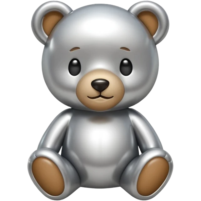 A cute teddy bear emoji made of liquid silver chrome, smooth rounded body, glossy metallic surface, soft reflections, friendly proportions, iOS emoji style, centered, clean white background emoji