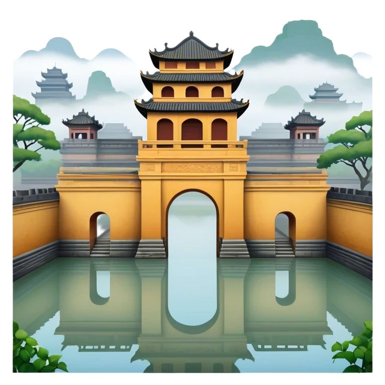Cinematic Realistic Imperial City of Hue Landmark Emoji, capturing the ancient citadel’s weathered walls, intricate gates, and traditional Vietnamese architecture, surrounded by a misty, tranquil moat. emoji