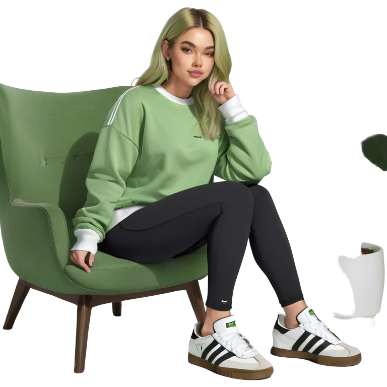 Girl long bright blonde highlighted hair middle part with rosy cheeks and plump mauve lips green eyes and wearing a white sweatshirt and black leggings with black and white adidas OG Samba sneakers sitting in a cozy chair posing with legs over the side of chair  emoji