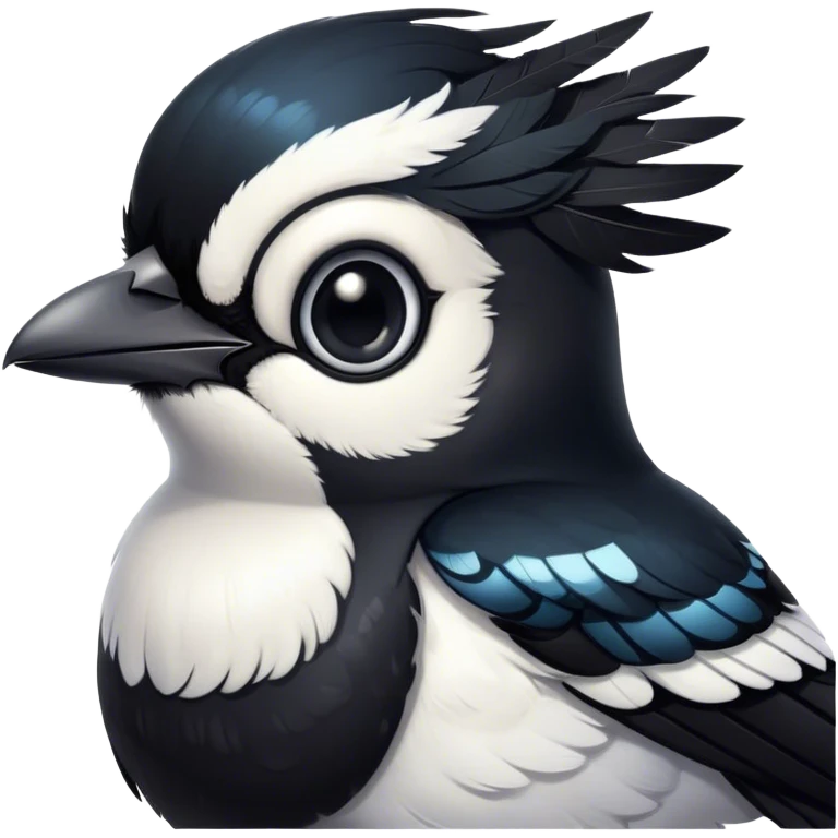 Cinematic Cute Magpie Portrait Emoji, Head tilted playfully and inquisitively, featuring a compact, elegant form with glossy, contrasting black and white feathers and round, sparkling eyes full of playful charm, Simplified yet irresistibly adorable features, highly detailed, glowing with a warm, inviting glow, high shine, affectionate and lively, stylized with a touch of whimsical urban flair, soft glowing outline, capturing the essence of a mischievous yet endearing magpie that seems as if it could flit out of the screen into your arms! emoji