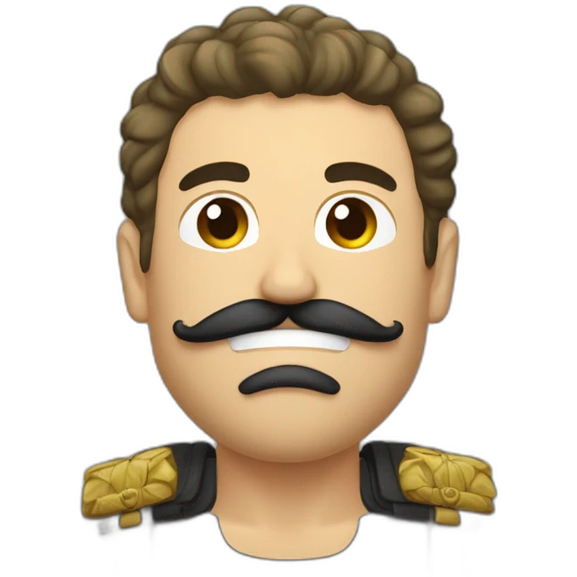 Homme avec les cheveux plat et un moustache rectangulaire noir avec des habit de guerre emoji