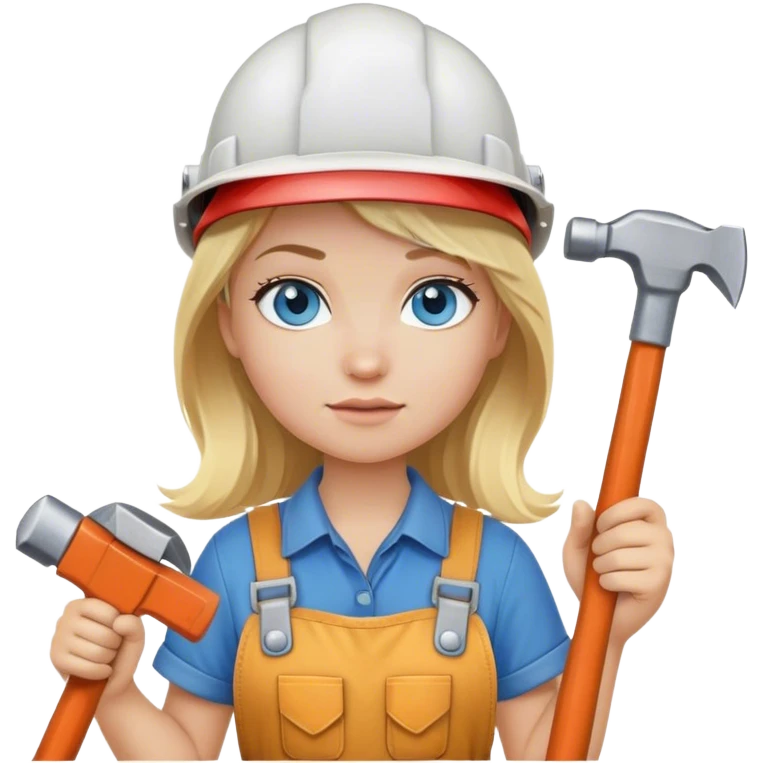 A blond girl blue eyes, handyman Outfit, wearing a Helmet and a Hammer, Whole body  emoji