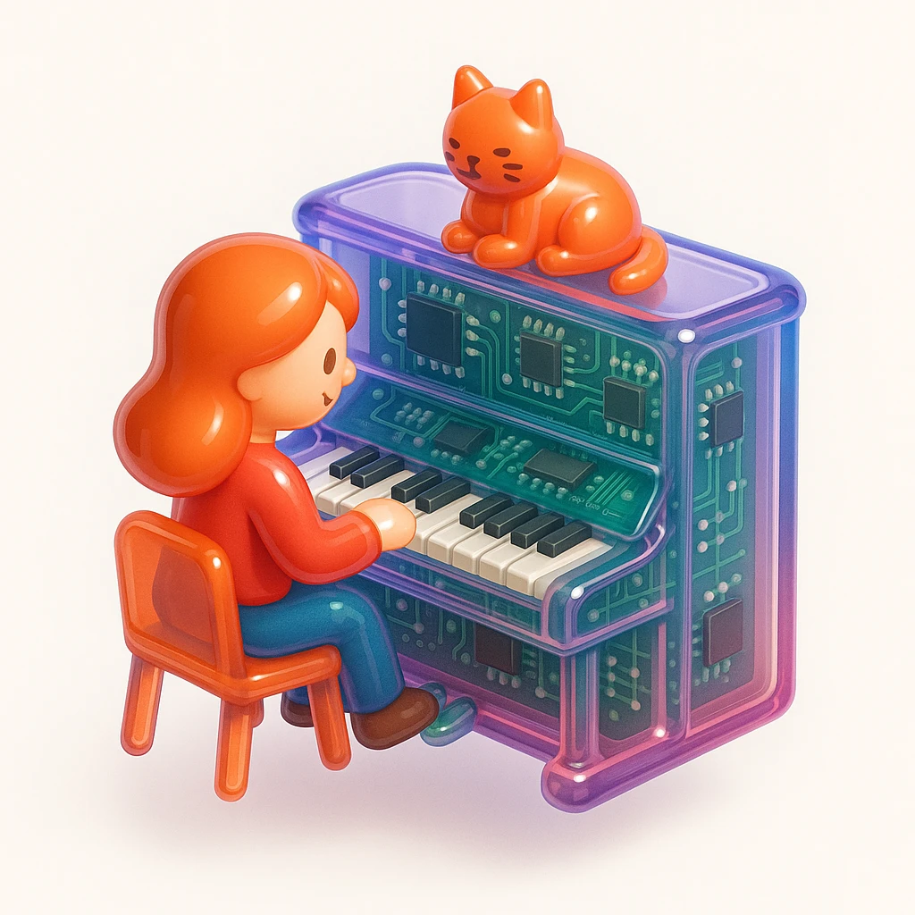 woman playing piano while her cat sits on top of the piano emoji