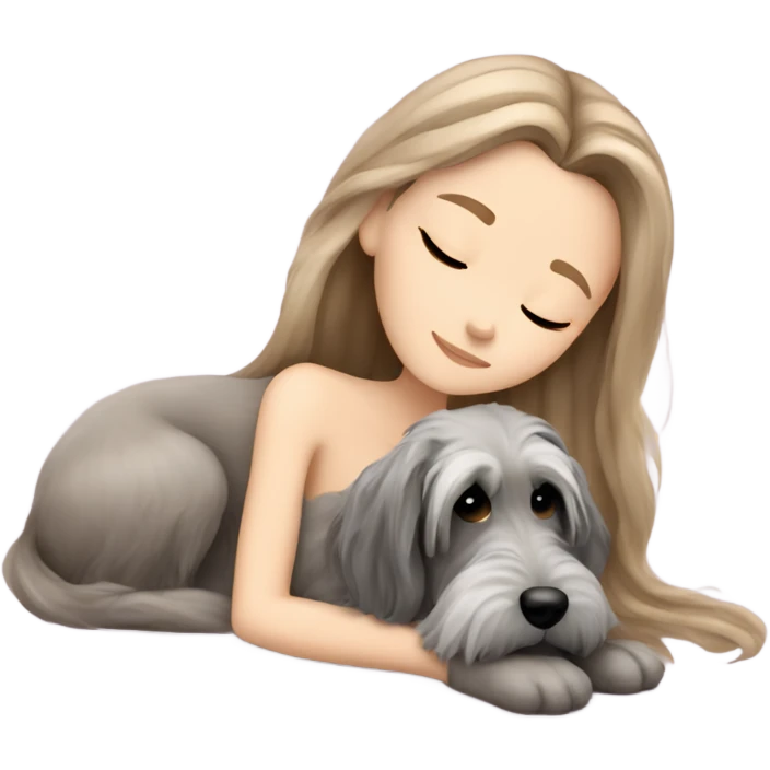 White girl light brown long hair sleeping with a zvergschnauzer  emoji