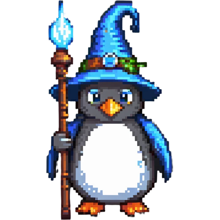 penguin wizard with a staff and wizard hat emoji