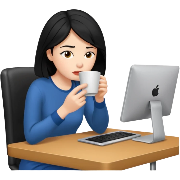 컴퓨터하면서 커피를 많이 마시고 있는 피곤해보이는 검은머리 여자 emoji