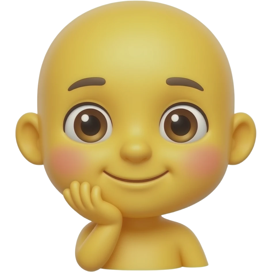 A cute 3D emoji sticker with a shy and thoughtful expression, blushing cheeks, one hand on chin, looking slightly away, soft nervous smile, glossy yellow emoji face, expressive eyes, clean white background, soft shadow, high quality, sticker style, no text, no watermark emoji