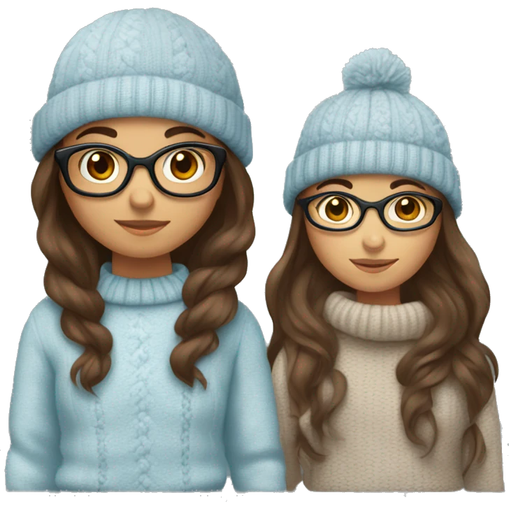 2 hispanic girls, long brown hair, brown eyes, full body, glasses, young, light blue winter sweater emoji