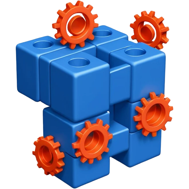 Modern minimal emoji: building blocks + connection flows + gear. Deep blue and coral colors. Professional no-code expert signature. Geometric clean style. emoji