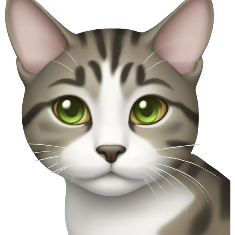 Brown-grey mackerel tabby cat with partially white face and green eyes emoji