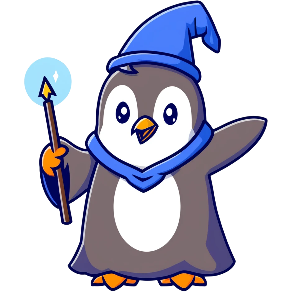 Penguin casting a magical spell with a wizard hat and blue robes emoji