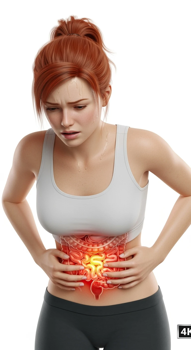 UNA DONNA REALISTICA con mal di pancia, INTESTINO ANATOMICO INFIAMMATO VISIBILE, MAL DI PANCIA, ISOLATA SU SFONDO BIANCO, IPERREALISTICA 4K emoji