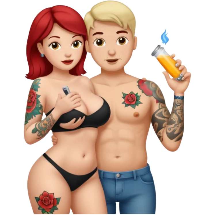 A naked white curvy woman with tattoos who is slim and is giving a blowjob or having sexual activities with a man’s penis she is naked both are naked and she is giving him a blow job and she us fully naked she is sucking the long penis emoji