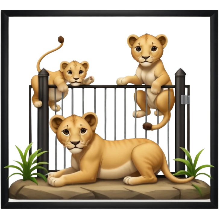 Un letrero del zoológico que dice “LION CUBS — BORN LAST WEEK” y delante una leona con sus cachorros recién nacidos, con la gente mirando emocionada desde la reja.






 emoji