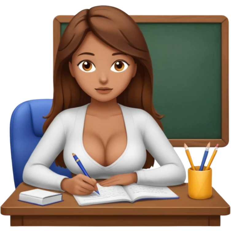 Sexy girl with brown hair and big boobs is writing a dissertation  emoji