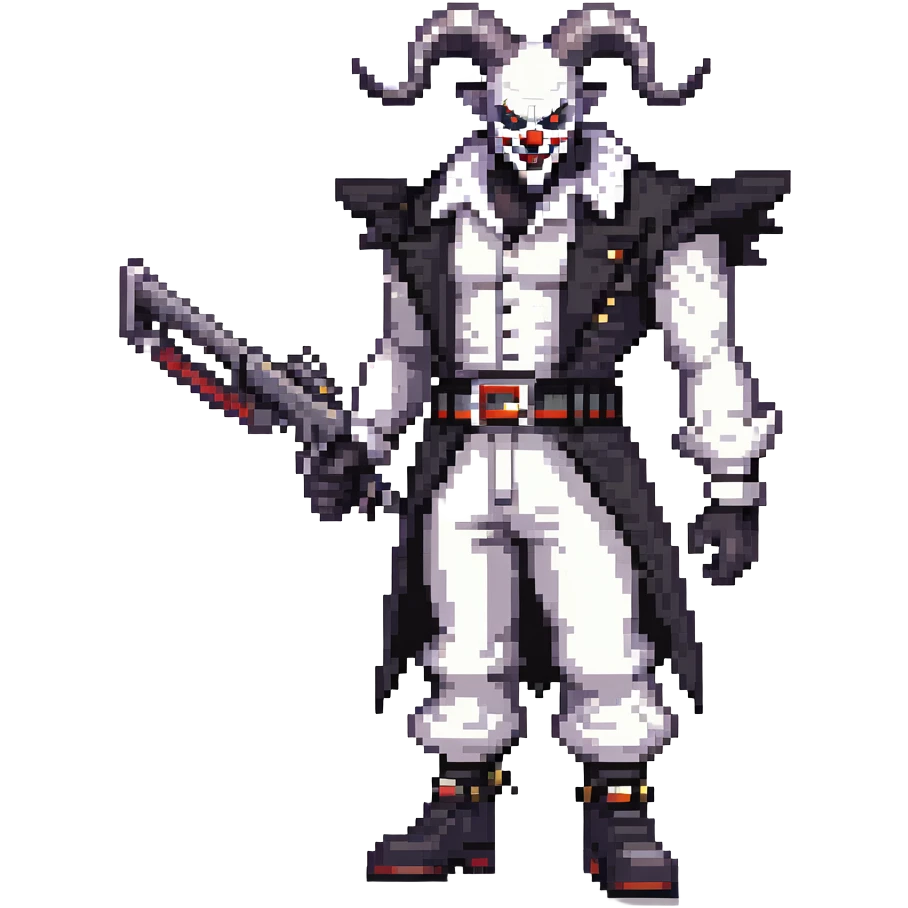 full-body muscular demonic clown in a black and white leisure suit with bellbottom pants, bald, with black ram horns, flashy black and white belt, ruffled white shirt, no neck tie, large fangs, holding a very large futuristic rifle emoji