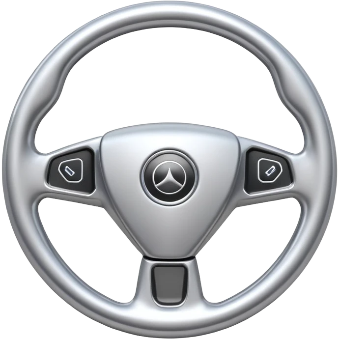 A futuristic steering wheel emoji made of silver chrome, minimal geometric design, smooth metallic surface, soft reflections, iOS emoji style, centered, clean white background emoji