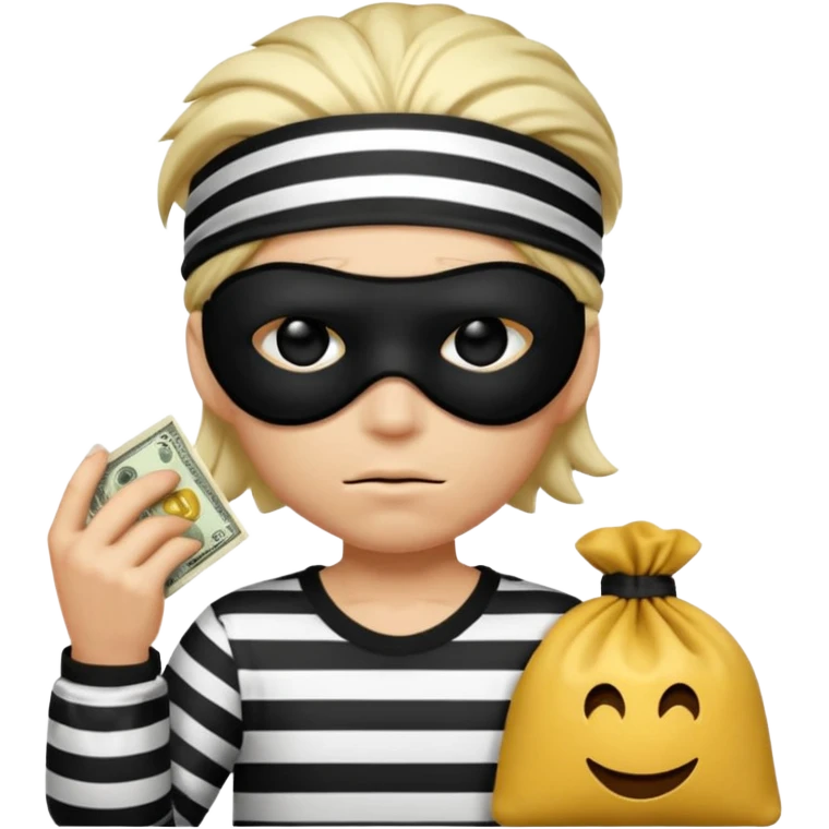 a short ios emoji-style portrait of a classic burglar, a black eye mask (looks like a blindfold) and a black-and-white striped shirt. emoji-like hair, black hat, ONE bag of money 💰 with a dollar sign in a right corner, evil expression WITHOUT a hand  emoji