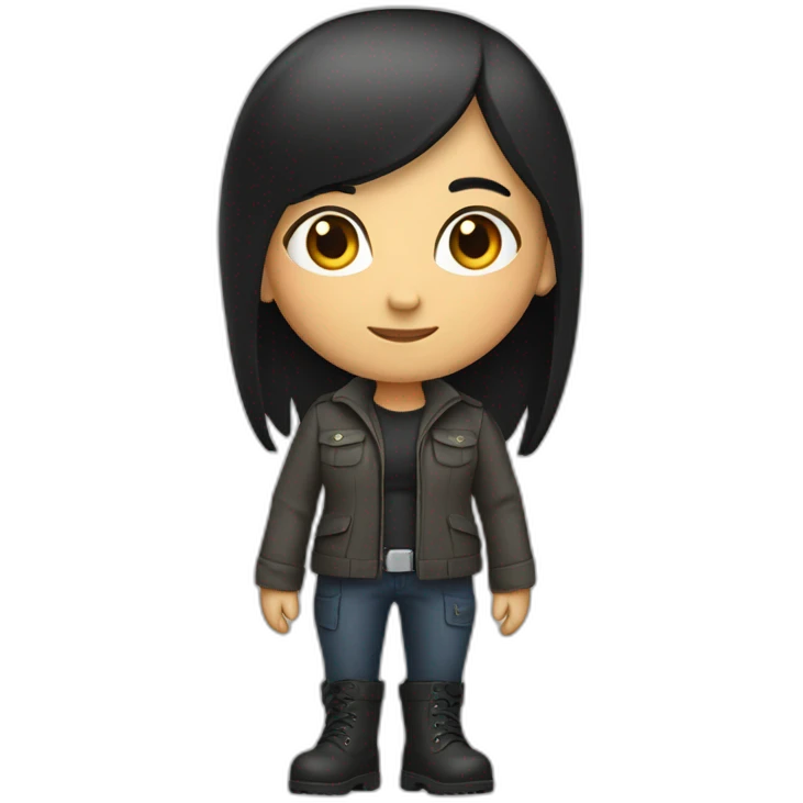 Small white woman with black hair halfway down her back, dressed in logistic clothes and boots. emoji