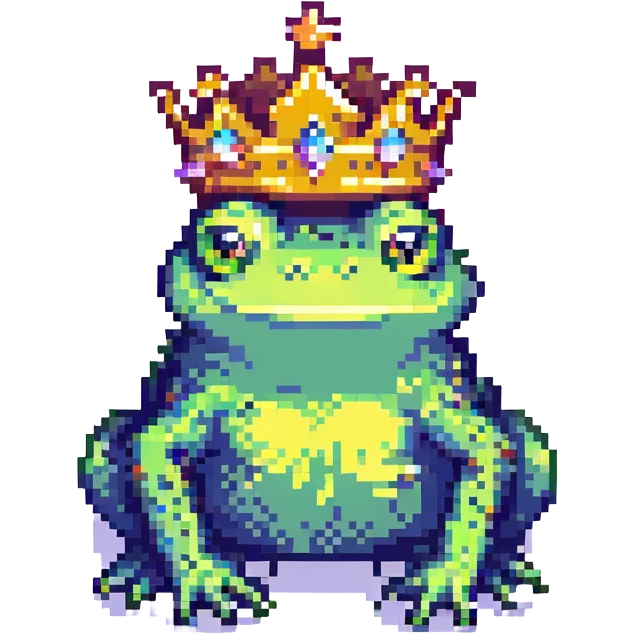 pixel art crowned frog, simple and colorful emoji