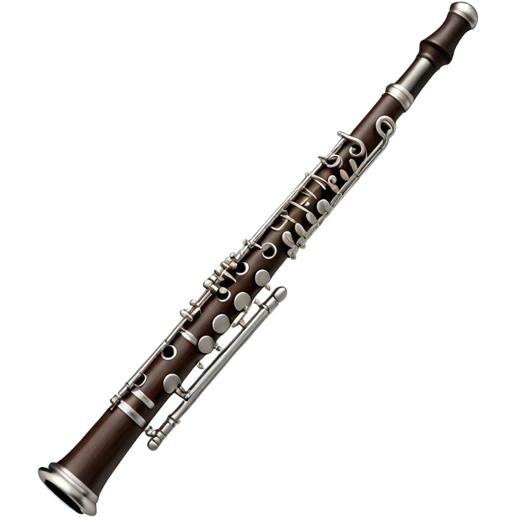 Create an elegant and detailed emoji representing a black oboe with a reed. The design should showcase the sleek, dark wood finish of the oboe, with the metal keys clearly visible. The reed should be delicately placed at the top of the instrument, emphasizing its essential role in producing sound. Add subtle details like the silver or brass accents on the keys to reflect the high-quality craftsmanship of the instrument. Use deep black, silver, and wood tones for the oboe to capture its sophisticated appearance. The background should be transparent. emoji