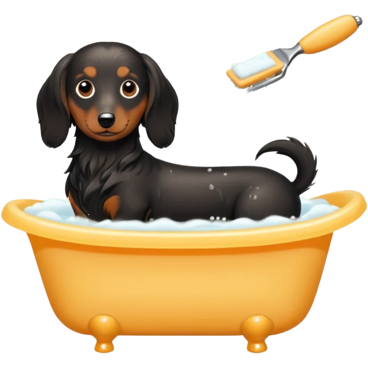 Black and cream Long haired Dachshund getting bath and haircut emoji