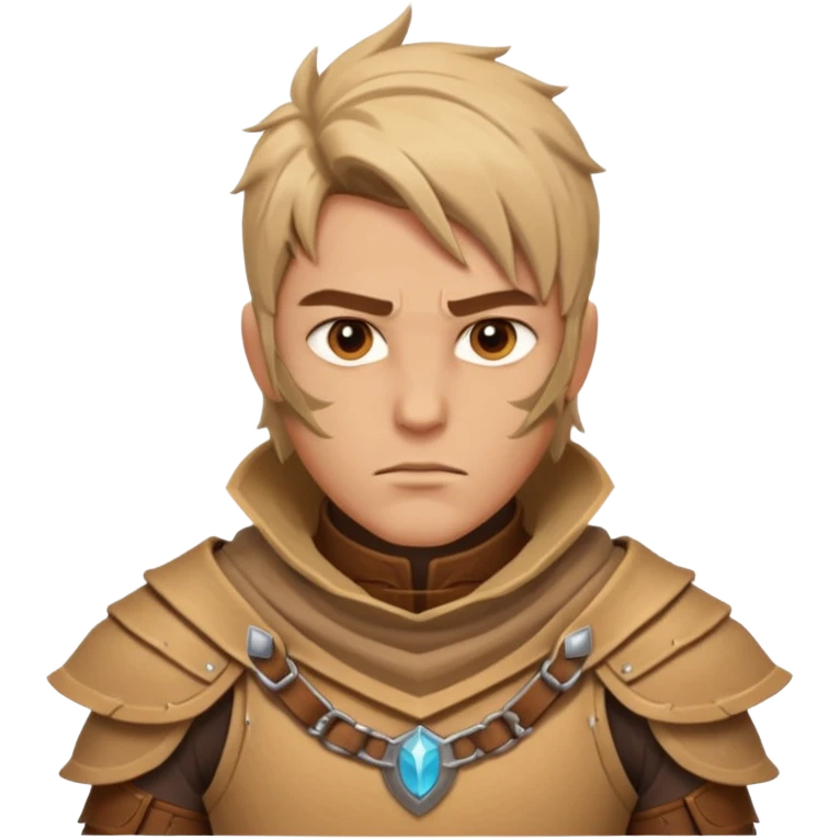 desert warrior portrait, head and shoulders only, sandy cloak collar, leather armor, intense eyes, desert fighter vibe, 3D cartoon, mobile game icon style, clean background, no text, no watermark
 emoji